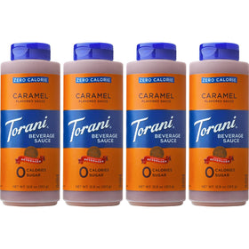 Torani Zero Calorie Caramel Dessert Sauce bottle pour for silky dessert topping with no calories.
