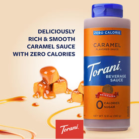Torani Zero Calorie Caramel Dessert Sauce drizzle over coffee for rich flavor without added calories.