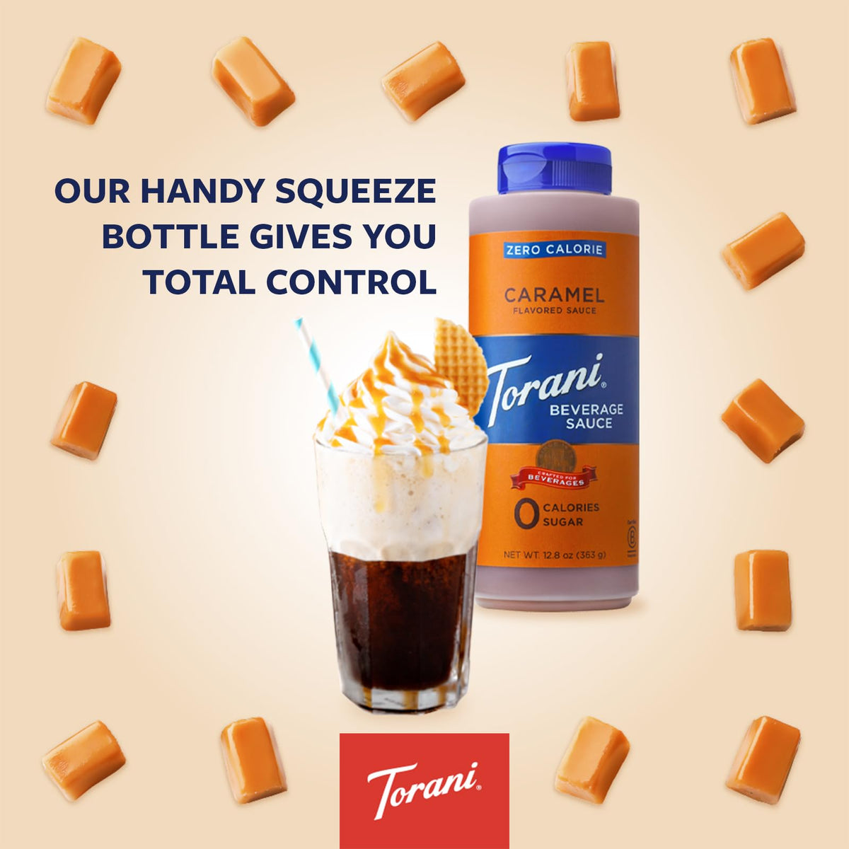 Torani Zero Calorie Caramel Dessert Sauce drizzled over fruit bowls for a touch of indulgence.