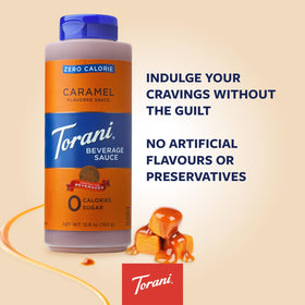 Torani Zero Calorie Caramel Dessert Sauce on ice cream creates a luscious, guilt-free topping.