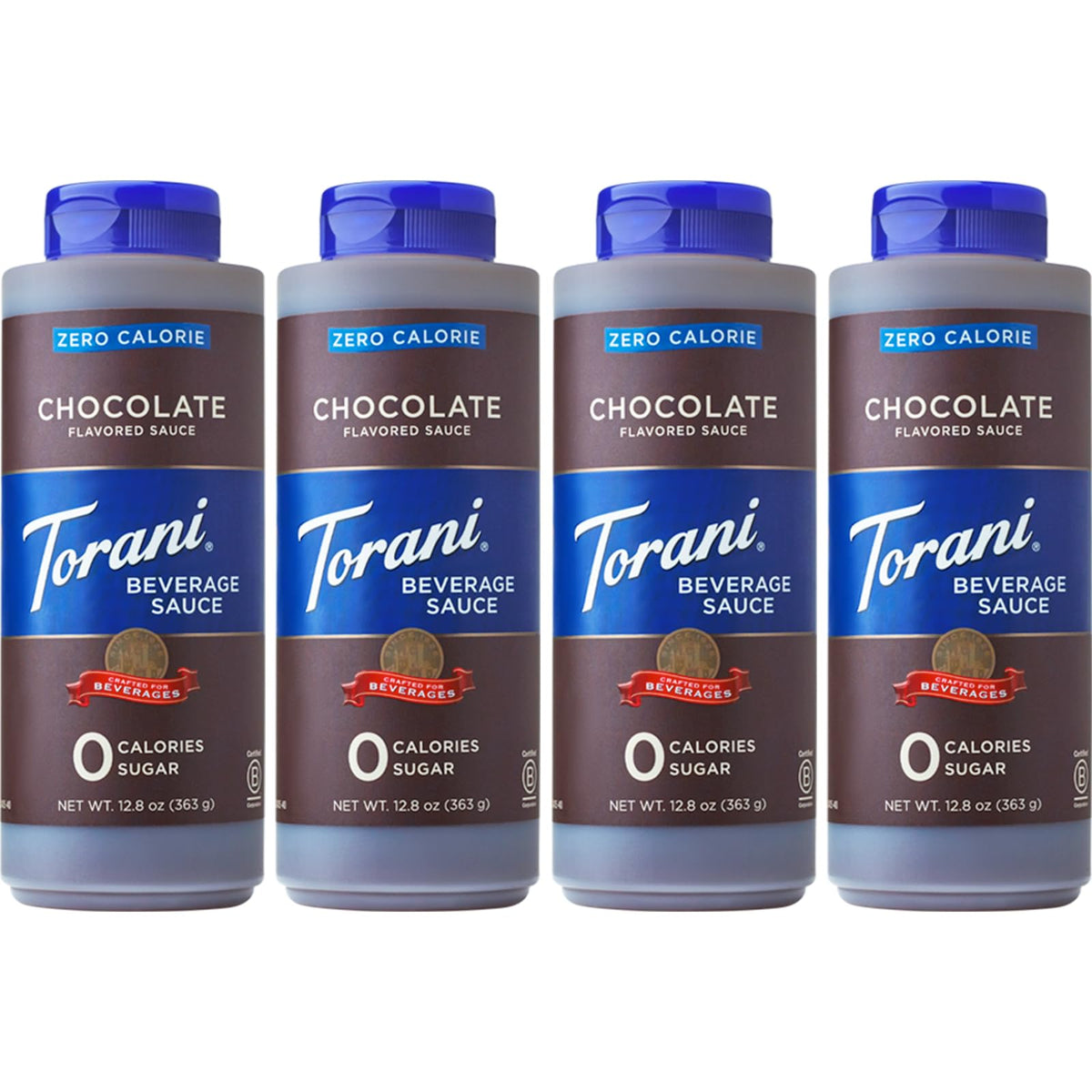 Torani Zero Calorie Chocolate Dessert Sauce bottle pouring for rich dessert flavor.