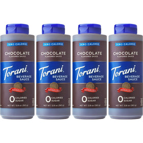 Torani Zero Calorie Chocolate Dessert Sauce bottle pouring for rich dessert flavor.