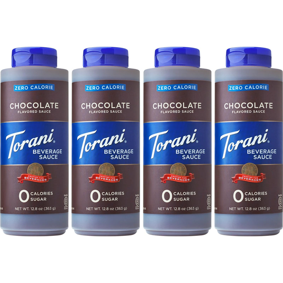 Torani Zero Calorie Chocolate Dessert Sauce bottle pouring for rich dessert flavor.