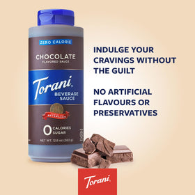 Torani chocolate sauce drizzled on a coffee drink for mochas and lattes.