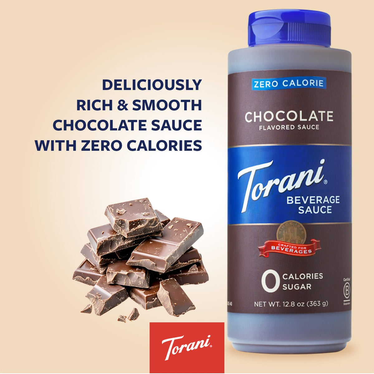 Torani Zero Calorie Chocolate Dessert Sauce drizzled over ice cream for indulgent toppings.