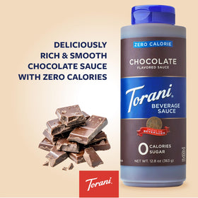 Torani Zero Calorie Chocolate Dessert Sauce drizzled over ice cream for indulgent toppings.