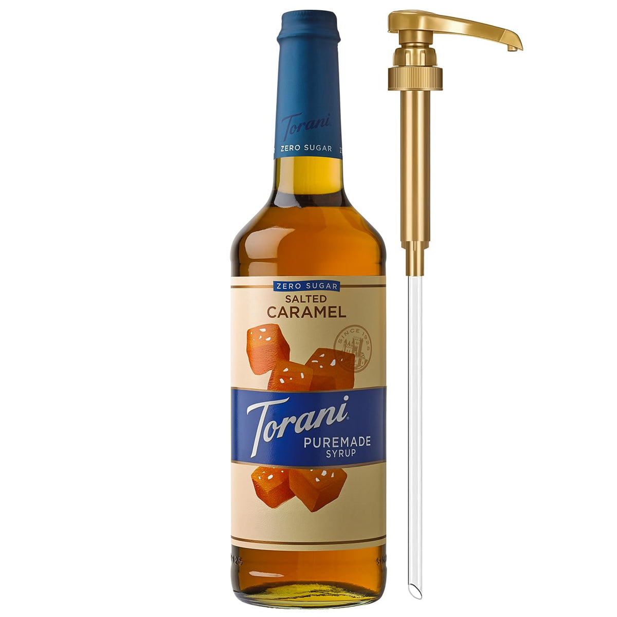 Torani Zero Sugar Puremade salted caramel bottle with pump for precise sweetness
