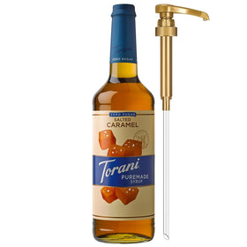 Torani Zero Sugar Puremade salted caramel bottle with pump for precise sweetness