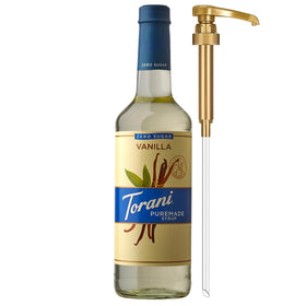 Torani Zero Sugar Puremade Vanilla bottle with pump for easy flavoring.
