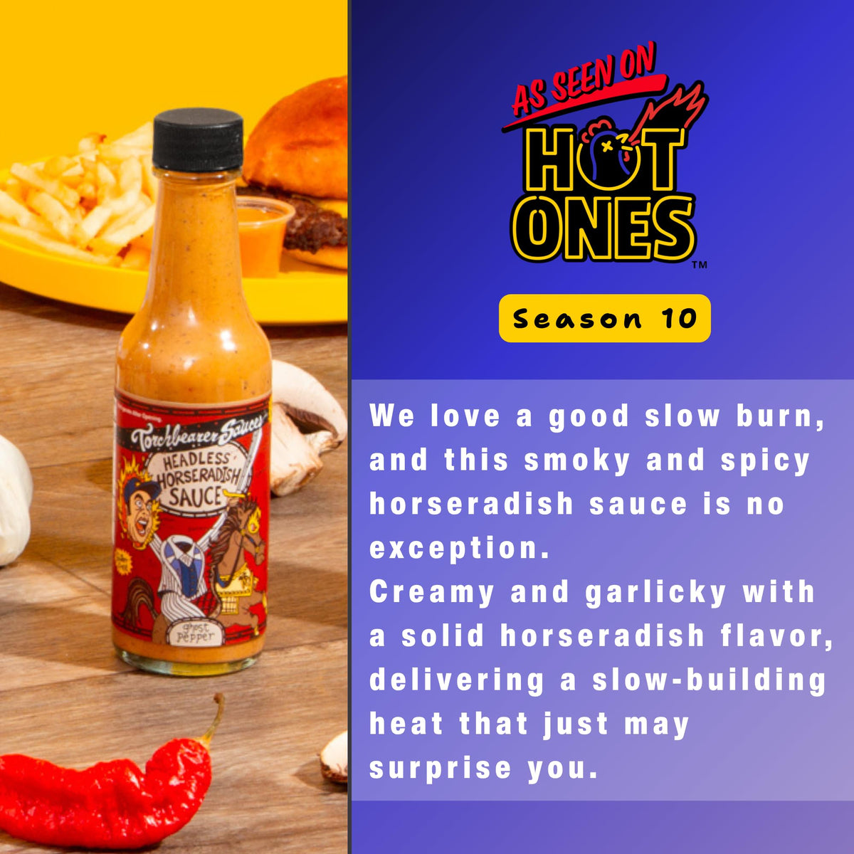 TorchBearer Headless Horseradish Ghost Pepper on wings signals fiery flavor boost.