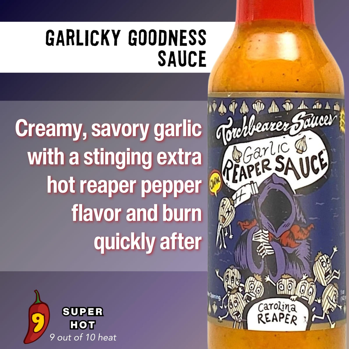 Torchbearer Garlic Reaper ingredients highlight Carolina Reaper and garlic.