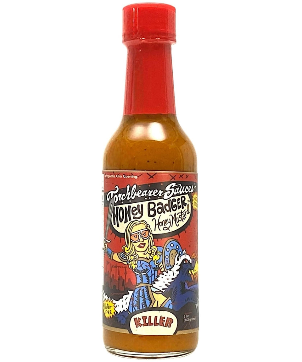 Torchbearer Honey Badger Hot Sauce bottle delivers bold heat