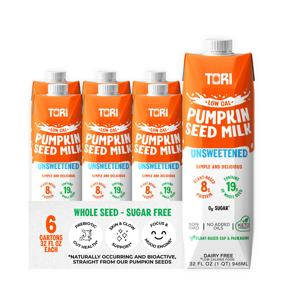 TORI pumpkin seed milk unsweetened bottle shows smooth texture and clean ingredients