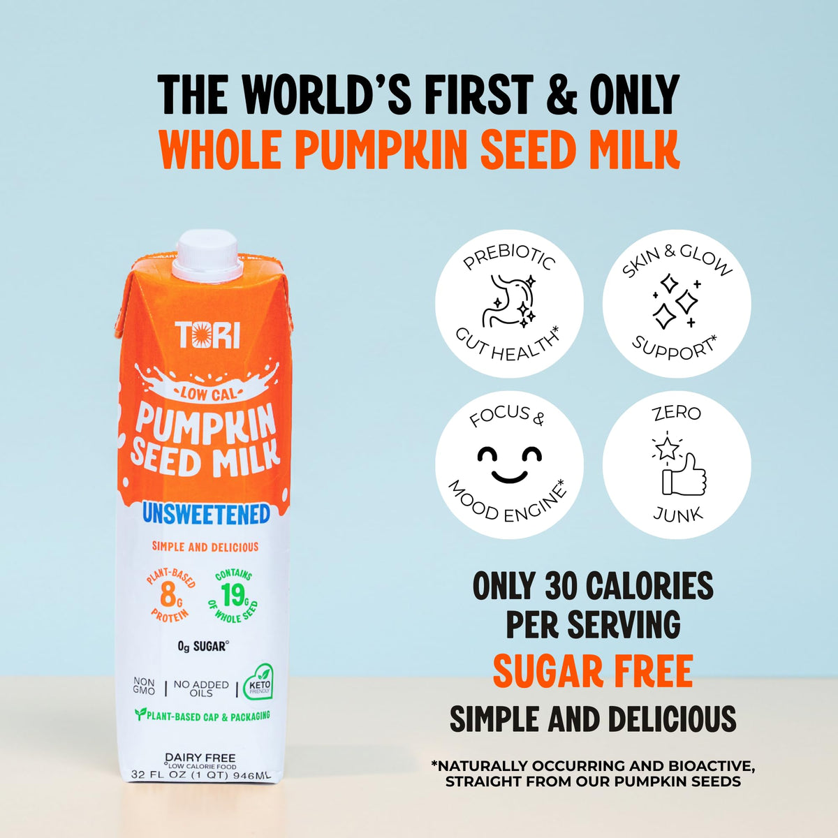 TORI pumpkin seed milk unsweetened being poured into a glass