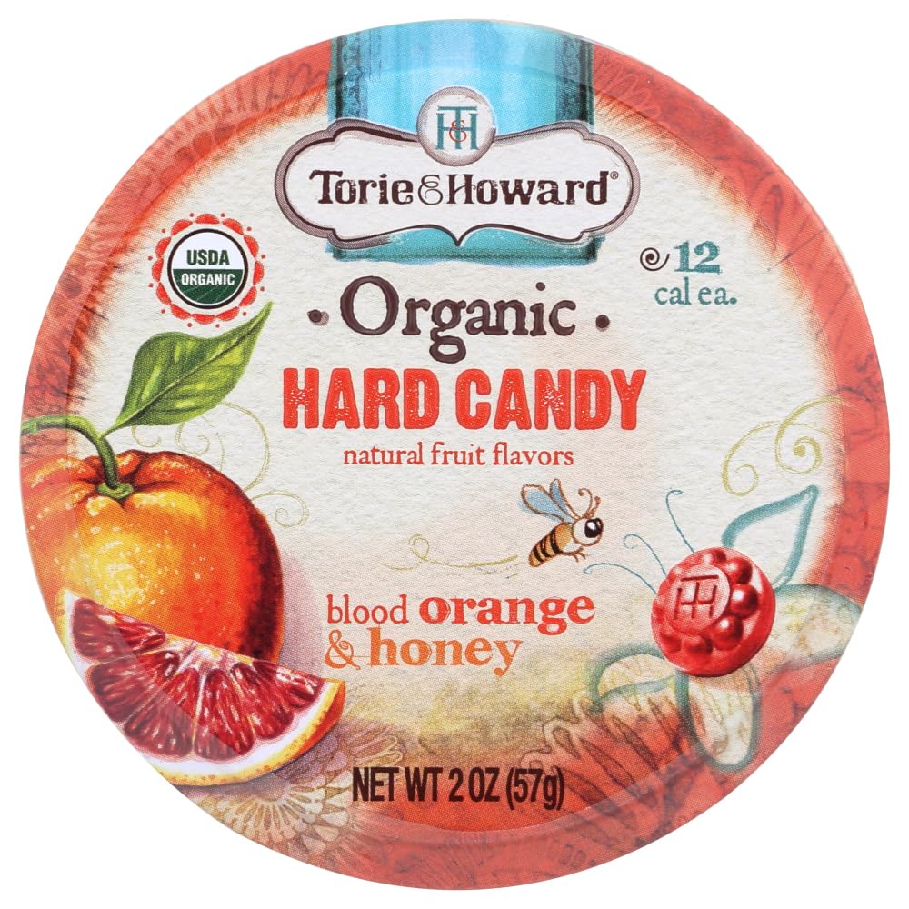 Torie and Howard blood orange honey hard candy tin, ideal travel snack.