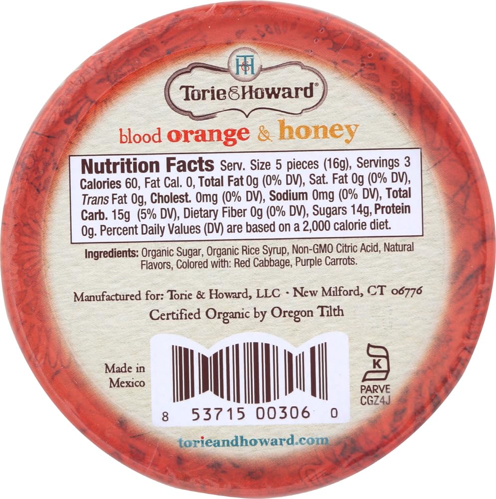 Torie and Howard blood orange honey flavor label on tin.