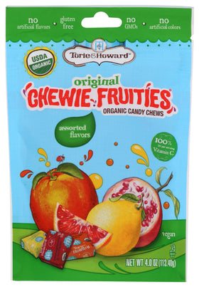 Torie & Howard Chewie Fruities bag front—organic, fruit-flavored chews for a natural snack.