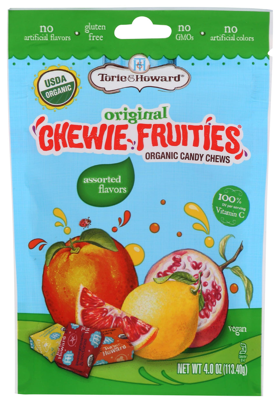 Torie & Howard Chewie Fruities bag front—organic, fruit-flavored chews for a natural snack.