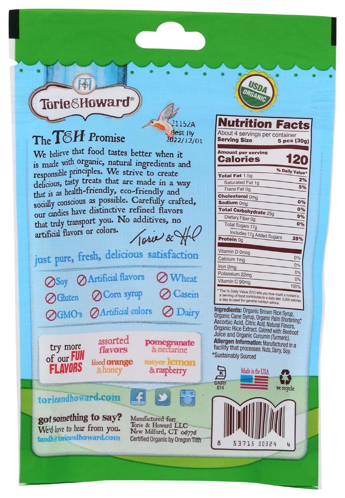 Torie & Howard Chewie Fruities pack close-up—no artificial colors, flavors, or preservatives.