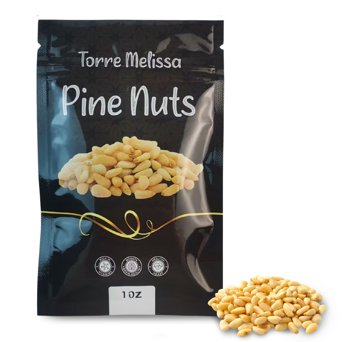 Torre Melissa pine nuts close-up raw kernels showing fresh texture for snacking.