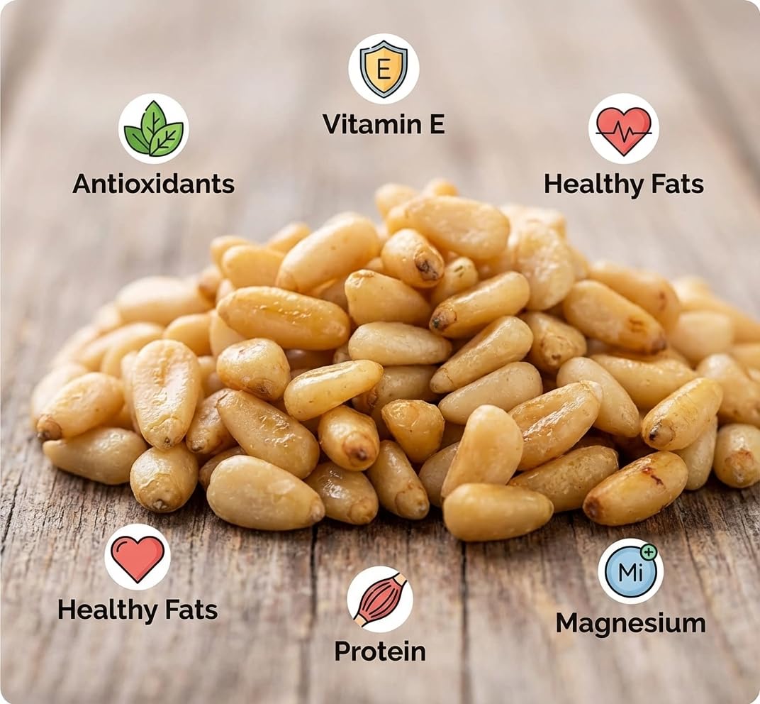 Torre Melissa pine nuts in hand showing fresh, raw texture for snacking.