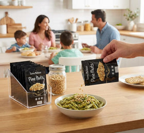 Torre Melissa pine nuts in a kitchen scene ready for cooking and tossing.
