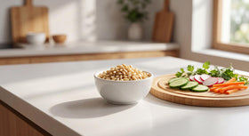 Torre Melissa pine nuts in a bowl with nutrition notes highlighting healthy fats.
