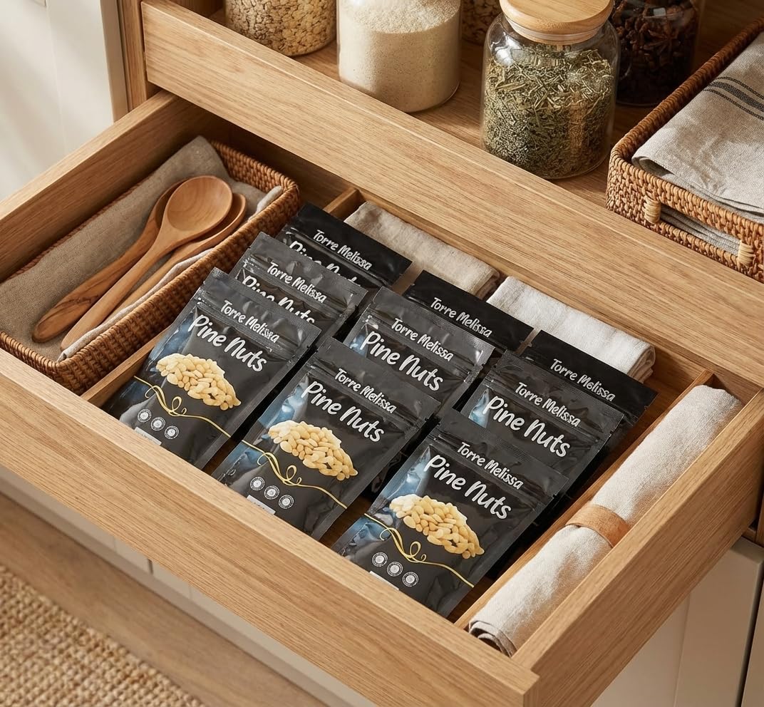 Torre Melissa pine nuts 1oz pack in hand for on-the-go snack.