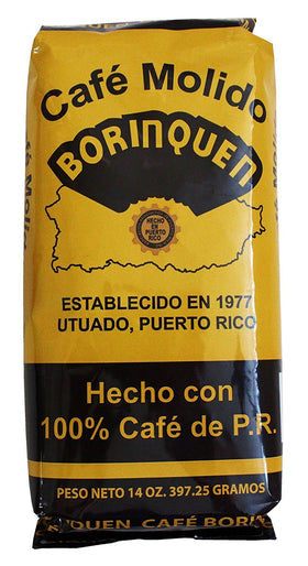 Torrefaccion Cafe El Coqui Borinquen ground coffee front view showcases two 14-ounce bags for home brewing.