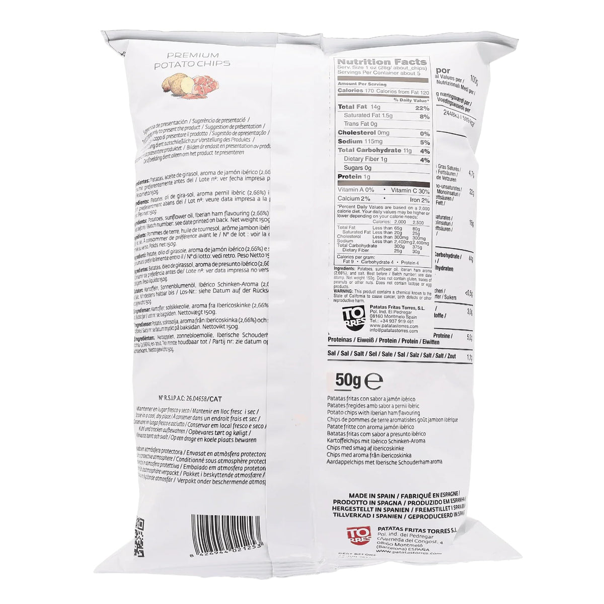 Torres Iberian Ham Chips 3-pack close-up, highlighting flavor and gluten-free option.
