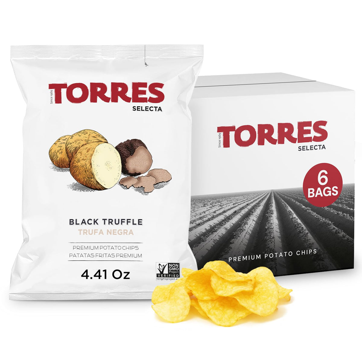TORRES Selecta Black Truffle Chips pack6 on shelf, a premium entertaining snack.
