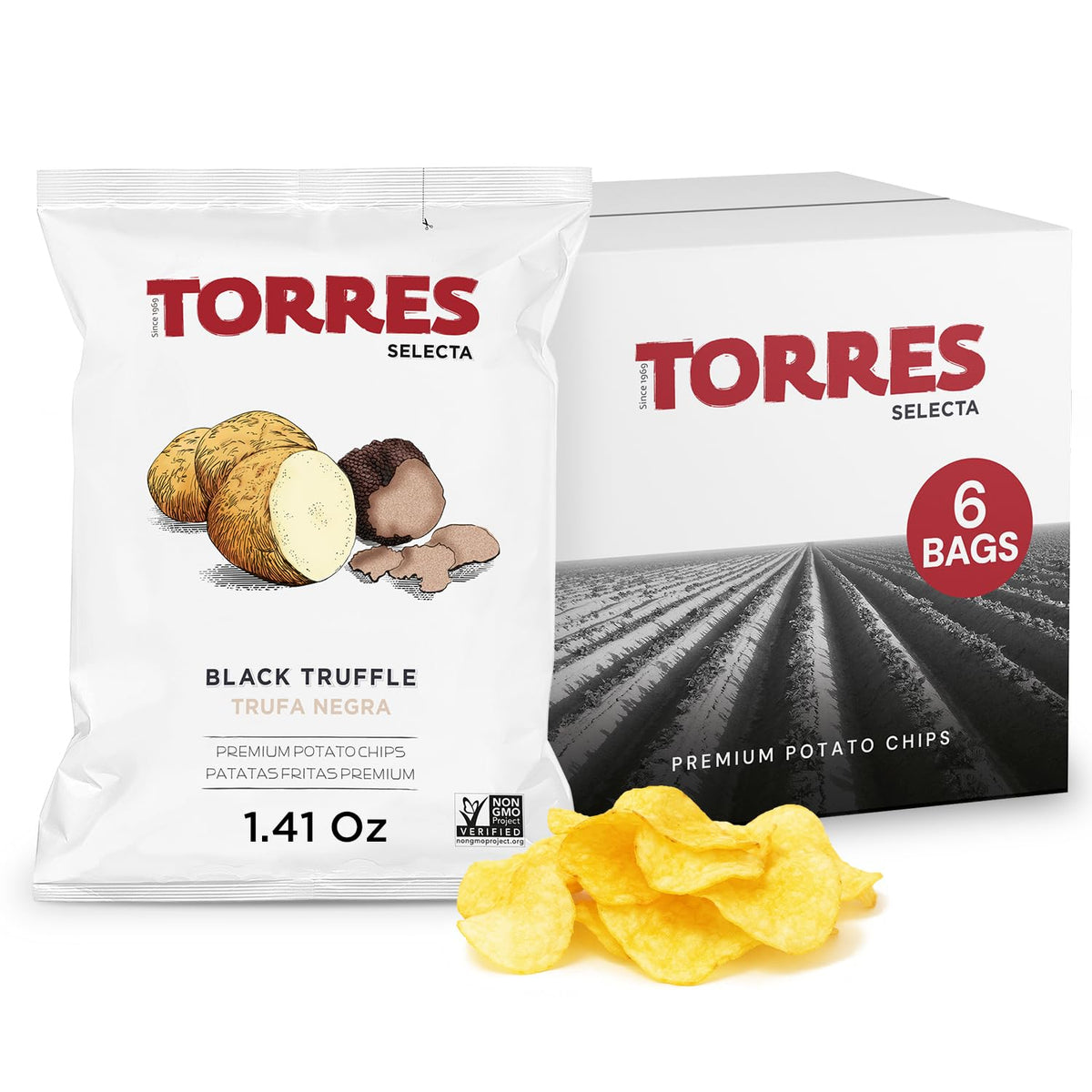 Torres Selecta black truffle kettle chips in snack-size six-pack for gourmet snacking