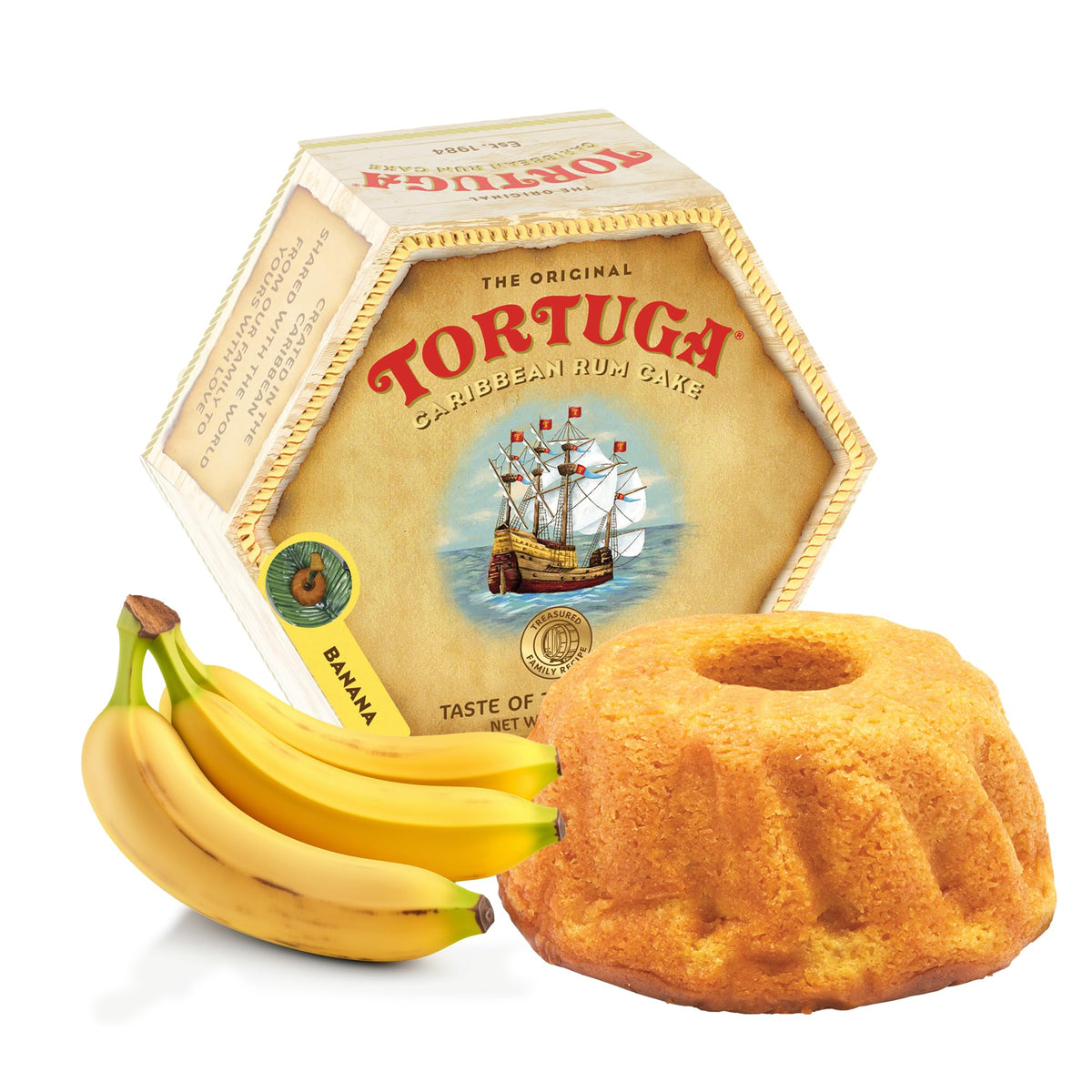 TORTUGA banana Caribbean rum cake 16oz, close-up slice showing premium texture for gifting