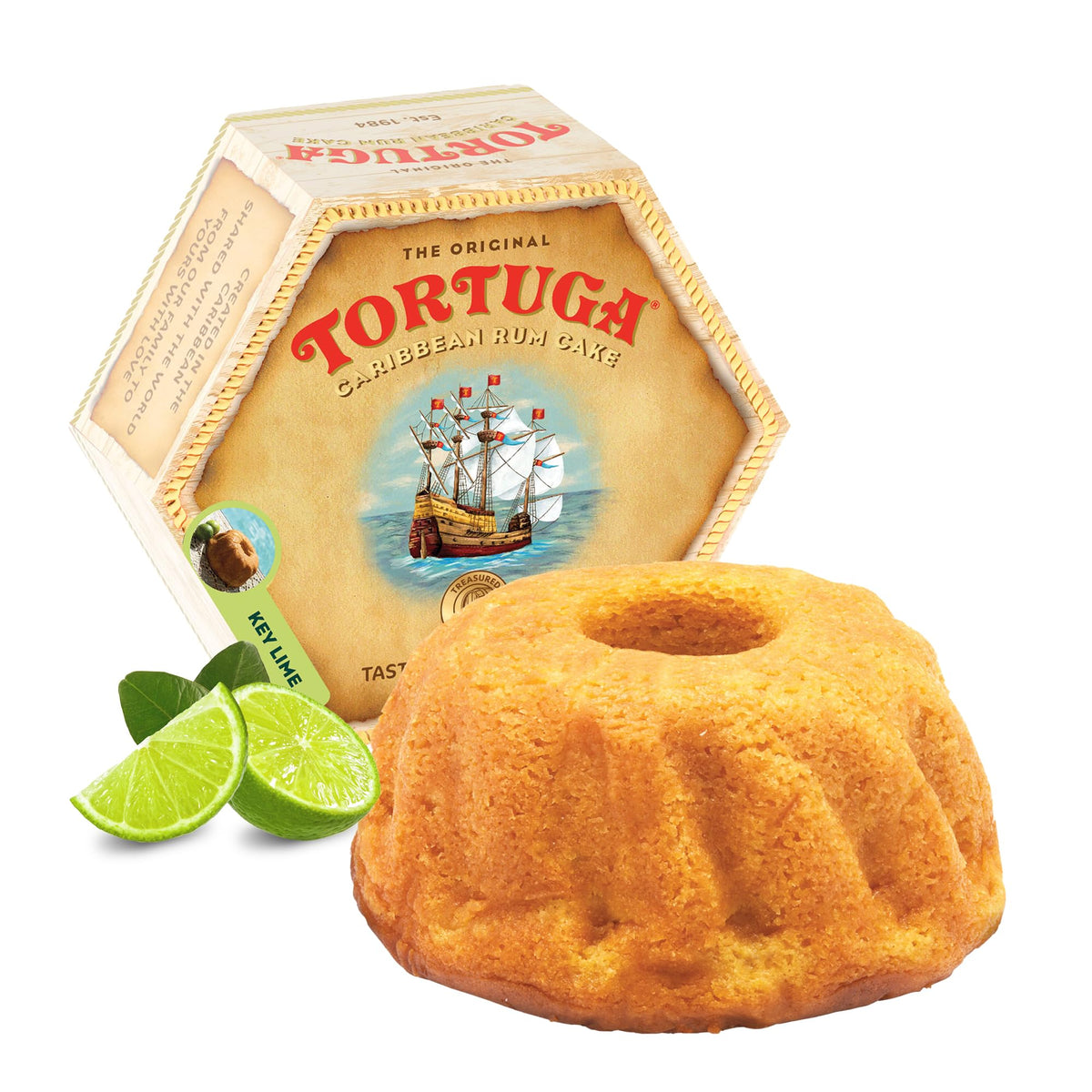 Tortuga Caribbean Key Lime Rum Cake 16oz packaging ready for premium gifting.