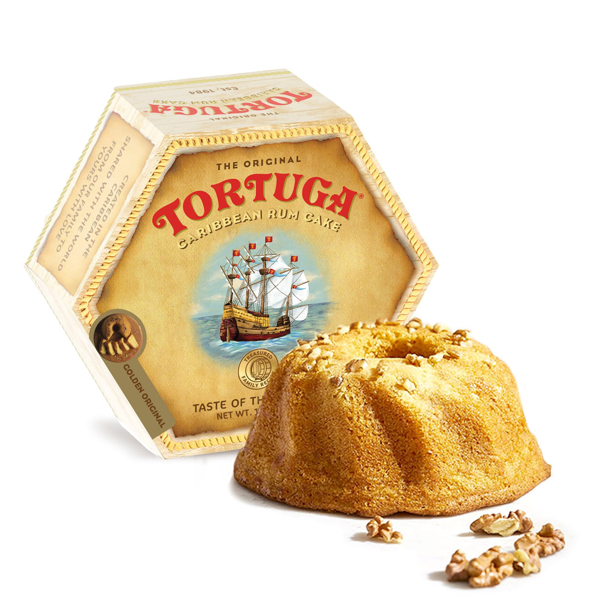 Tortuga Caribbean Original Rum Cake with Walnuts 32oz slice highlighting premium ingredients for gifting.
