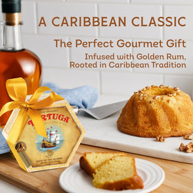 Tortuga Caribbean Rum Cake gift box 32oz showcases elegant presentation for celebrations.