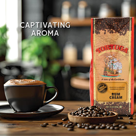 TORTUGA Caribbean Rum Cream coffee being poured delivering bold morning start.