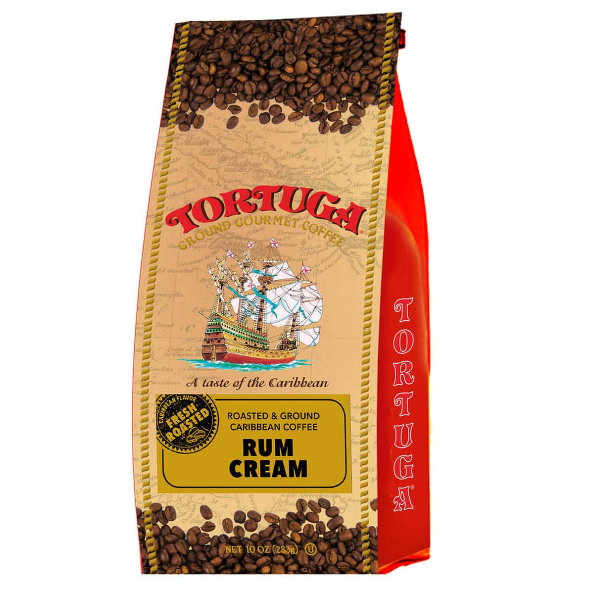 TORTUGA Caribbean Rum Cream ground coffee bag preserves aroma for fresh brews.