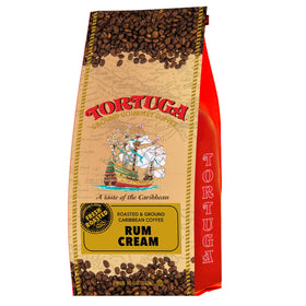 TORTUGA Caribbean Rum Cream ground coffee bag preserves aroma for fresh brews.