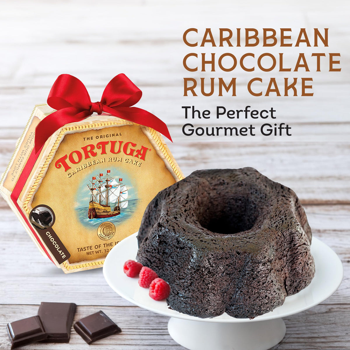 TORTUGA chocolate rum cake slice close-up for dessert lovers.