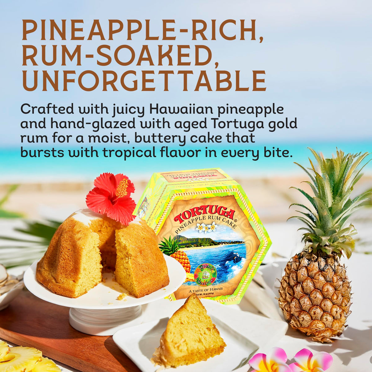 TORTUGA pineapple rum cake glaze closeup shows rich caramelized glaze and moist crumb.