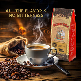 Steaming cup of TORTUGA Caribbean Rum Cream coffee with a rich aroma and smooth finish.