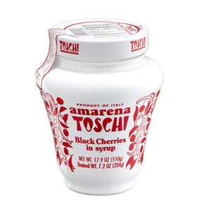 Toschi Amarena Cherries bottle ideal for elegant cocktail garnishes.