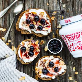 Toschi Amarena Cherries bulk can for home bars and kitchens.