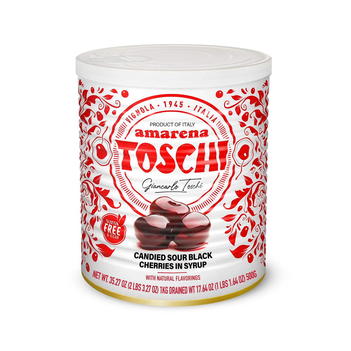 Toschi Amarena cherries in syrup bottle shown, premium cocktail garnish.