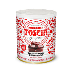 Toschi Amarena cherries in syrup bottle shown, premium cocktail garnish.