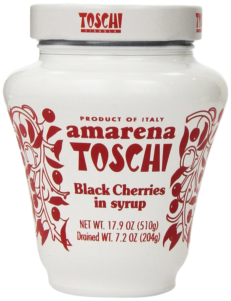 Toschi Amarena cherries in syrup jar, premium Italian fruit for desserts
