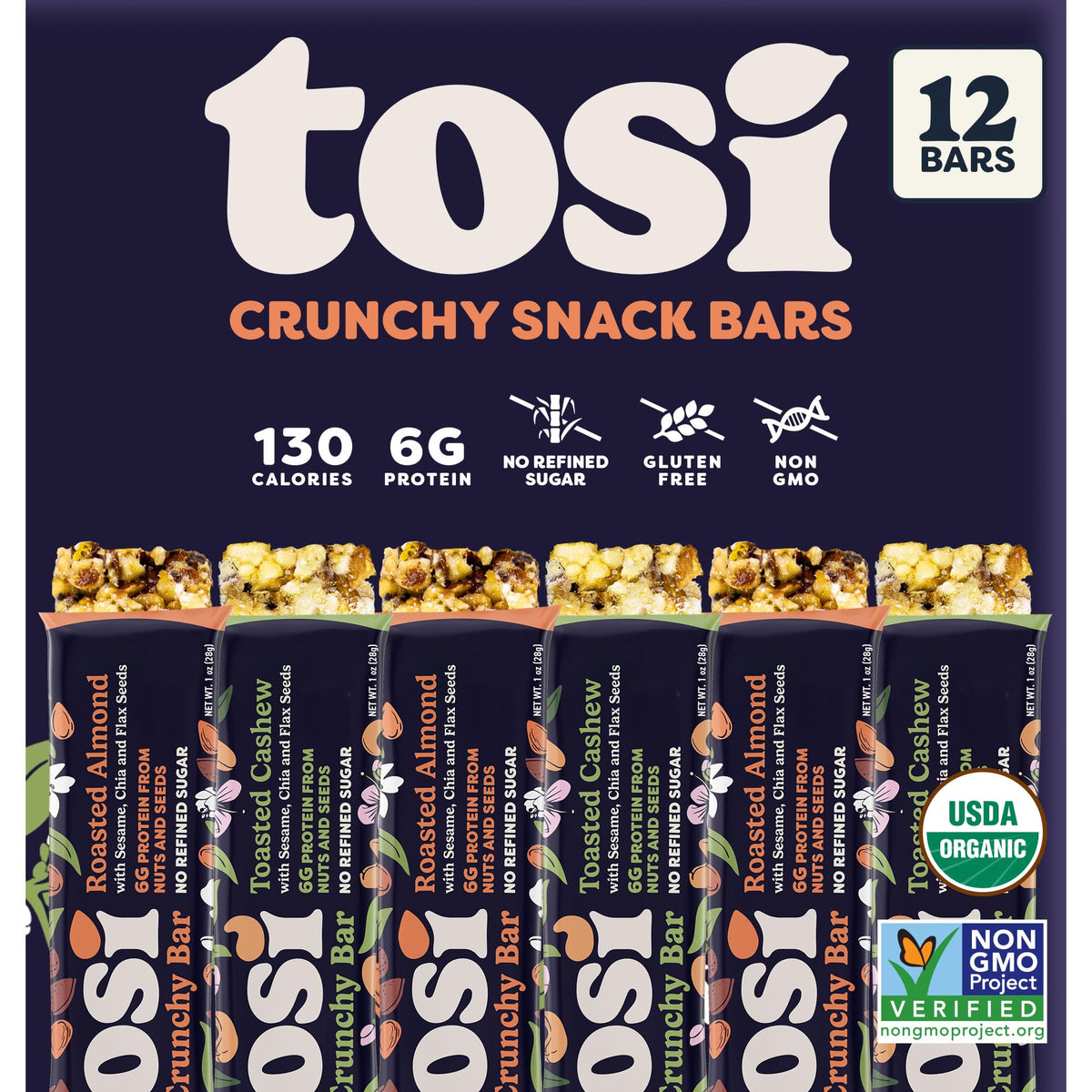 Tosi Almond and Cashew Protein Bars packaging for on-the-go fueling.