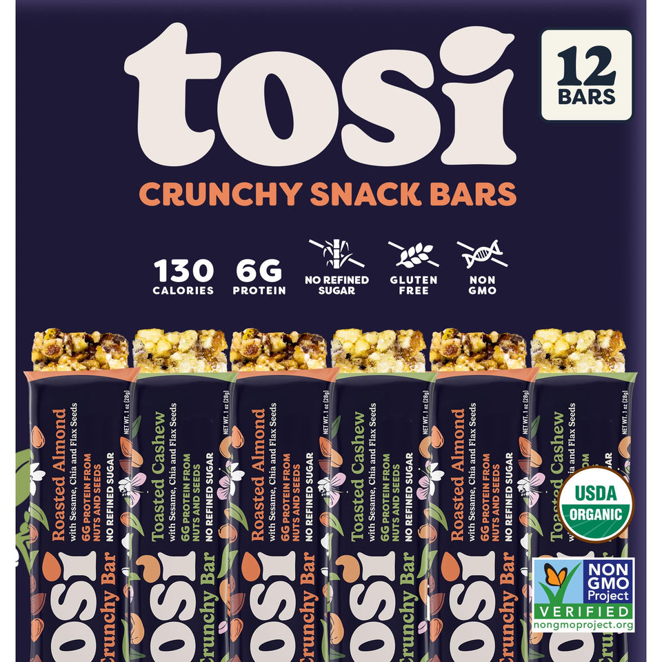 Tosi Almond and Cashew Protein Bars packaging for on-the-go fueling.
