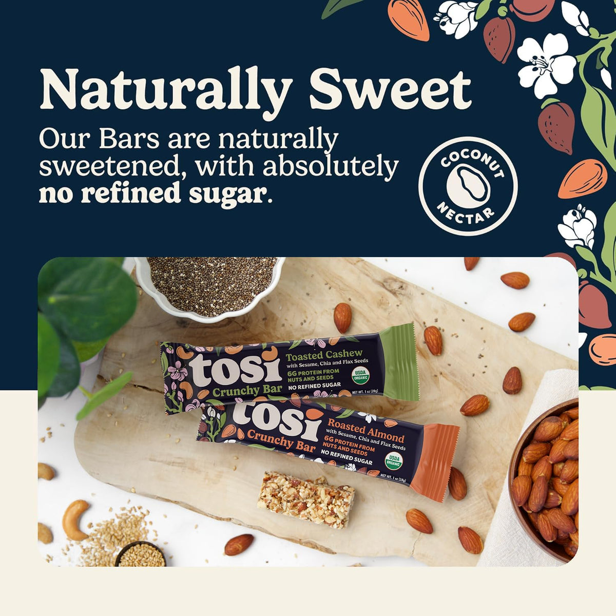 Tosi Almond and Cashew Bar workout or hike snack option.